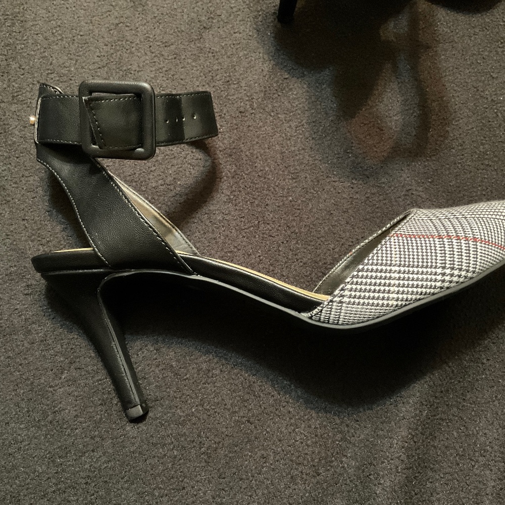Shoes, black and white plaid with red and gold glittery streak